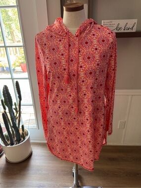Women’s Coral Patterned Swim Coverup Hooded Tunic